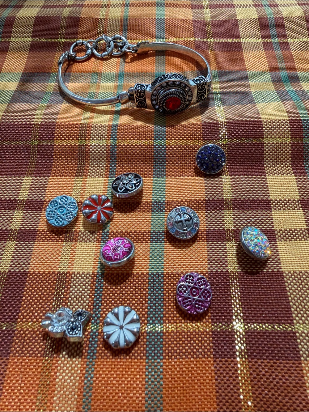 Silver-Tone Bracelet with Red Accent and Interchangeable Charm Buttons